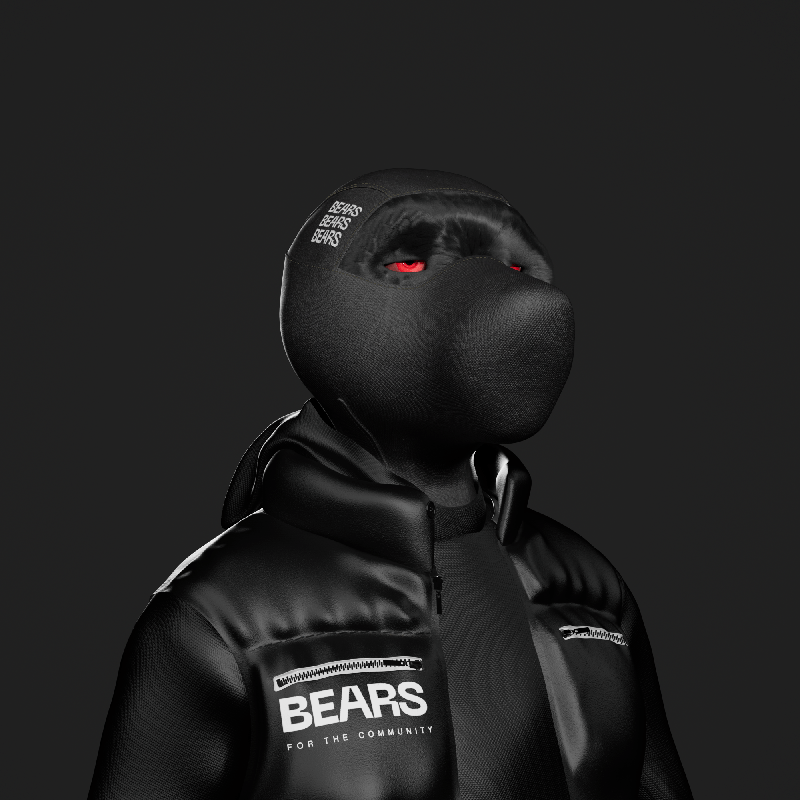 Person wearing a black hoodie, face mask, and jacket with BEARS FOR THE COMMUNITY text, with glowing red eyes, in a dark background.