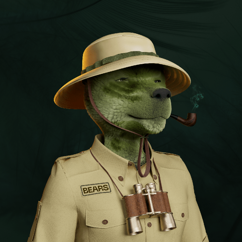 An anthropomorphic bear with a green face in a safari outfit, wearing a pith helmet, smoking a pipe, and carrying binoculars around its neck.