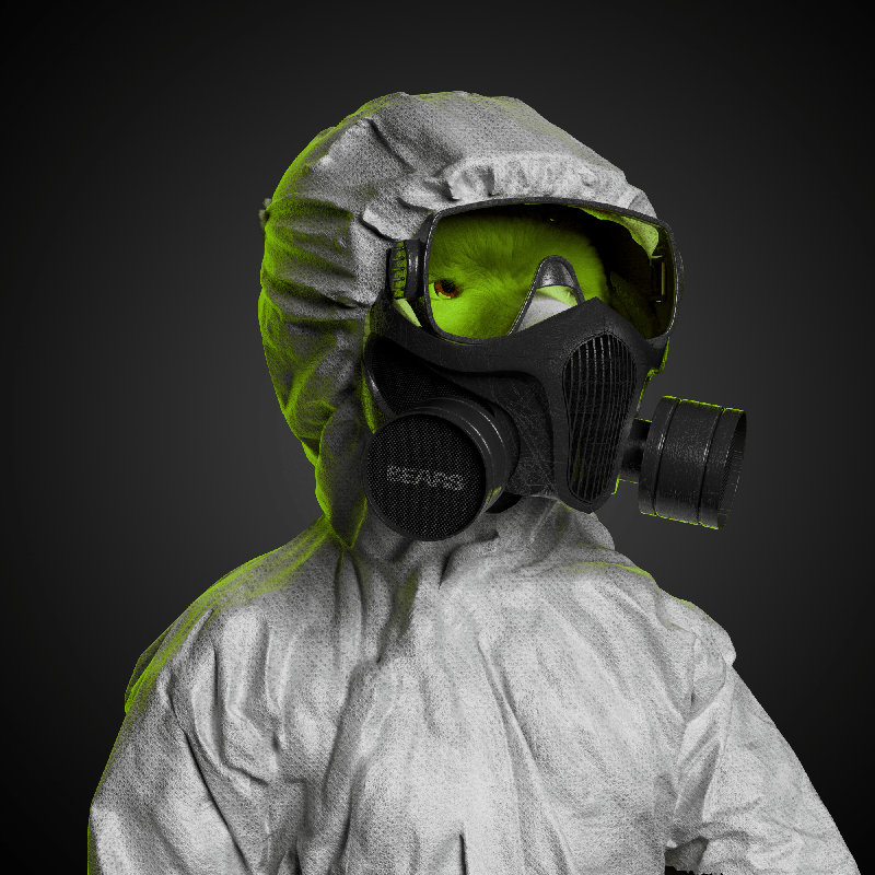 A person in a hazmat suit with a hood, wearing goggles and a respirator mask, with a dog wearing goggles visible through the mask.