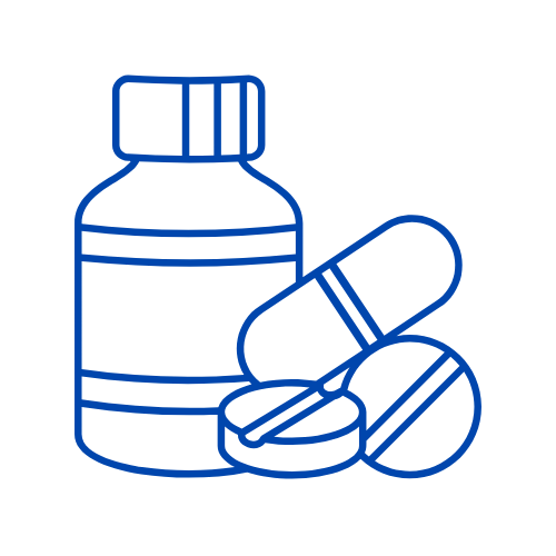 Illustration of a medication bottle and assorted pills.