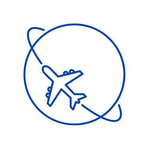 Blue line drawing of an airplane with curved lines representing flight path on black background.