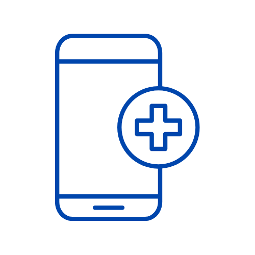 Line drawing of a smartphone with a medical cross icon in a circle.