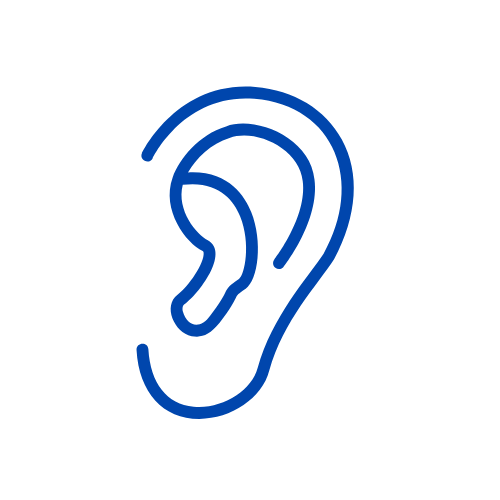 Icon of a human ear in blue outline on a black background.