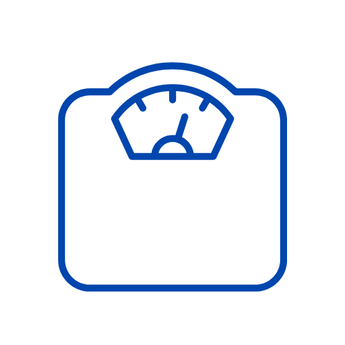 Blue weighing scale icon featuring an analog dial with a needle pointing to the low end.