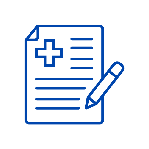 Blue medical document with a cross symbol and a pen