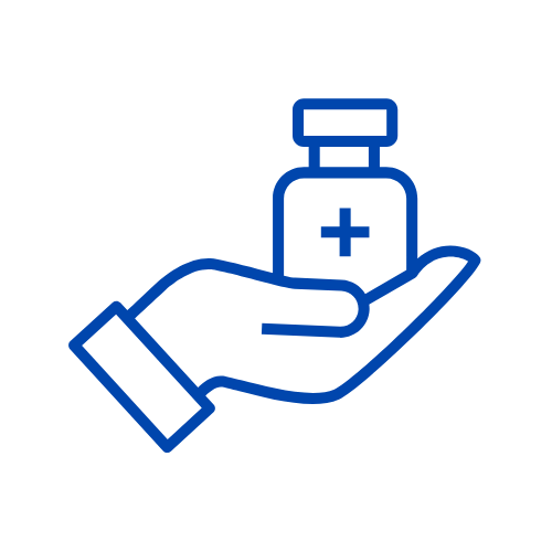 A hand holding a medicine bottle with a medical cross on it.