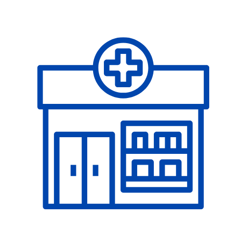 Outline of a pharmacy storefront with a medical cross symbol above the door and shelves of medication inside.