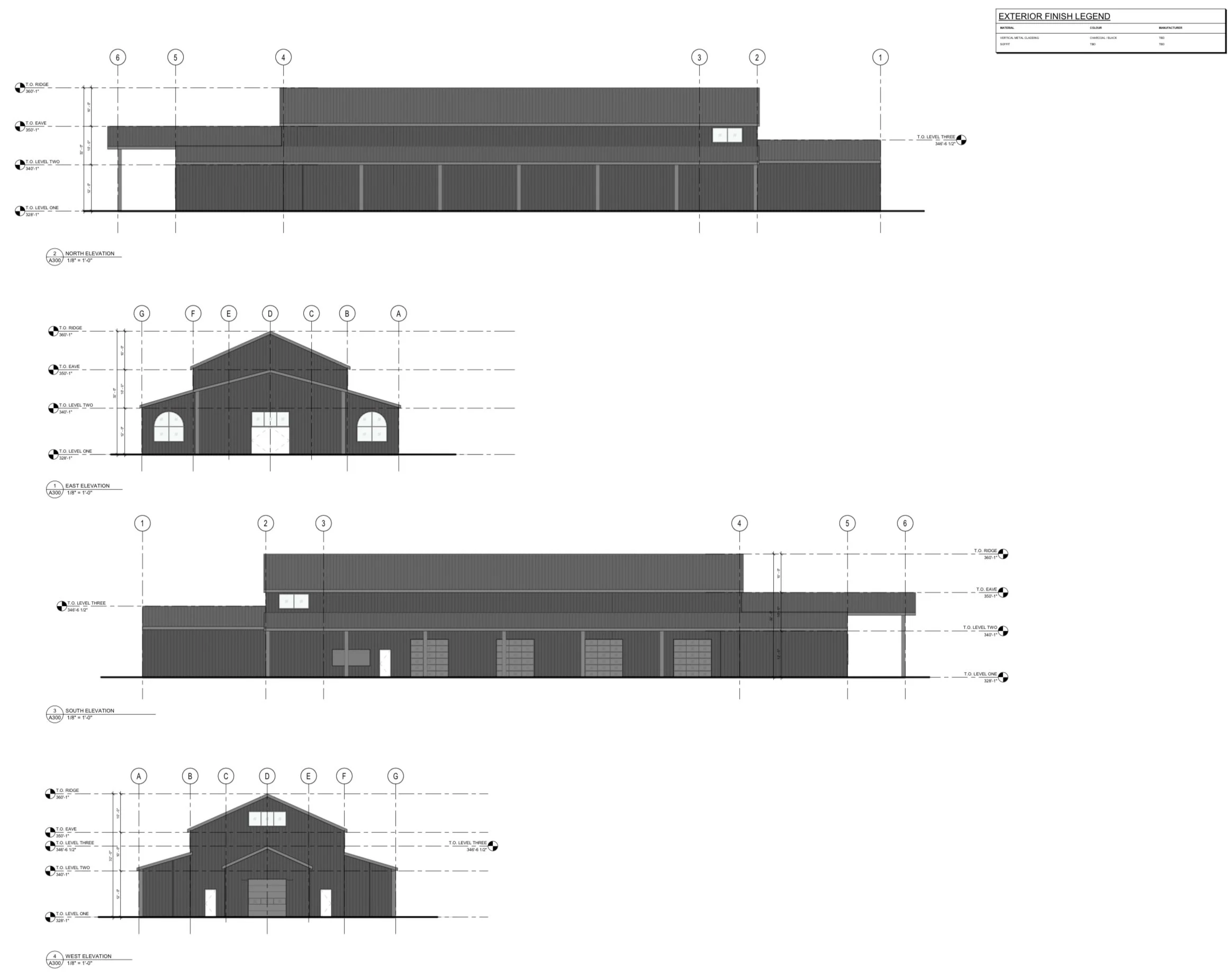 Architectural blueprint showing exterior building elevations including north, east, south, and west views, with grid lines, dimensions, and finish legend.