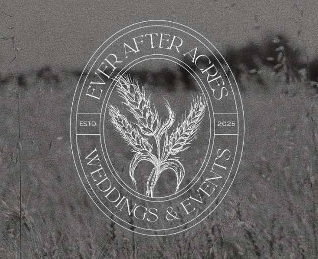 Logo for Ever After Acres Weddings & Events with wheat stalks outline and circular text.