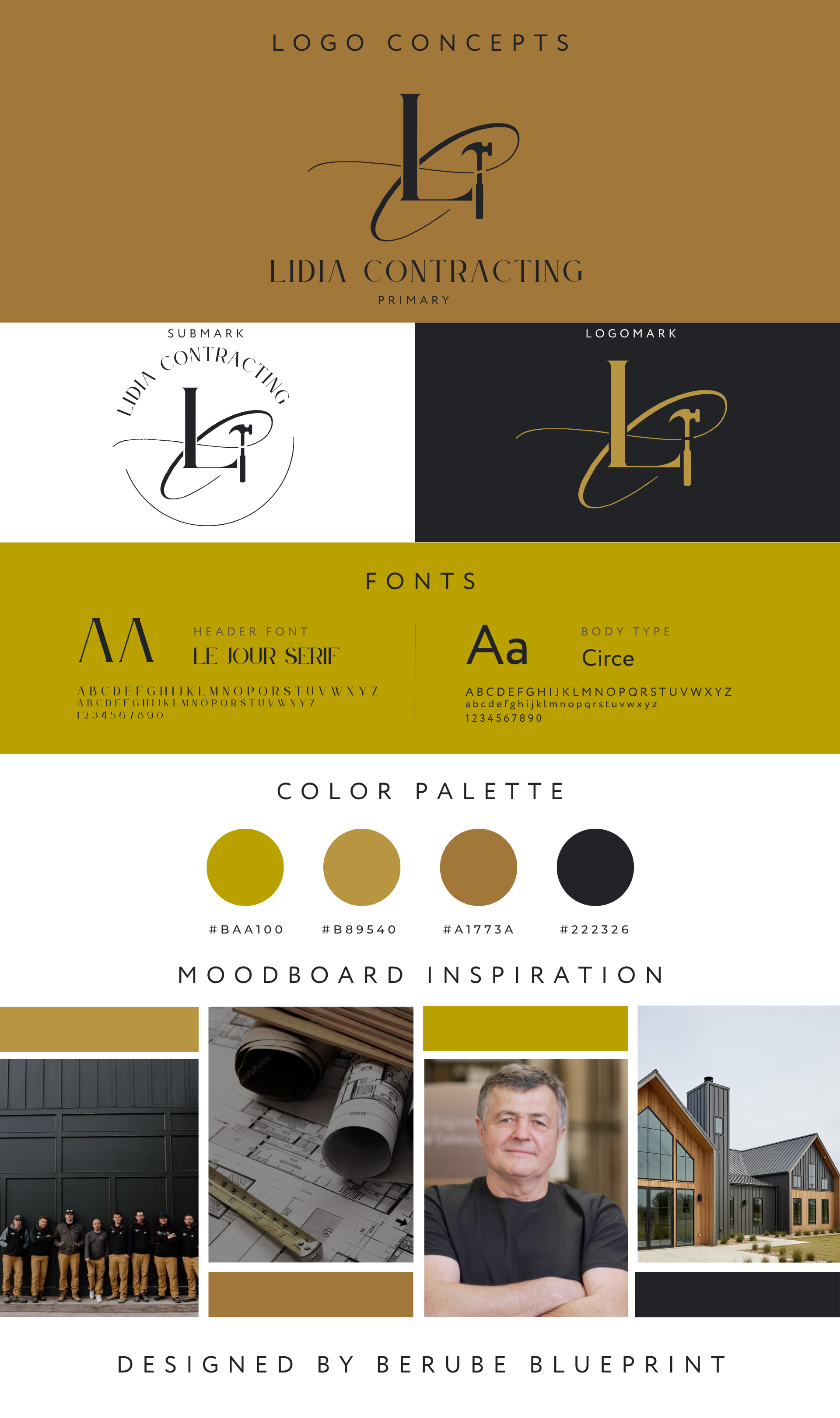 Design board for Lidia Contracting logo and branding, featuring logo concepts, font styles, color palette, moodboard inspiration, and designer credit.
