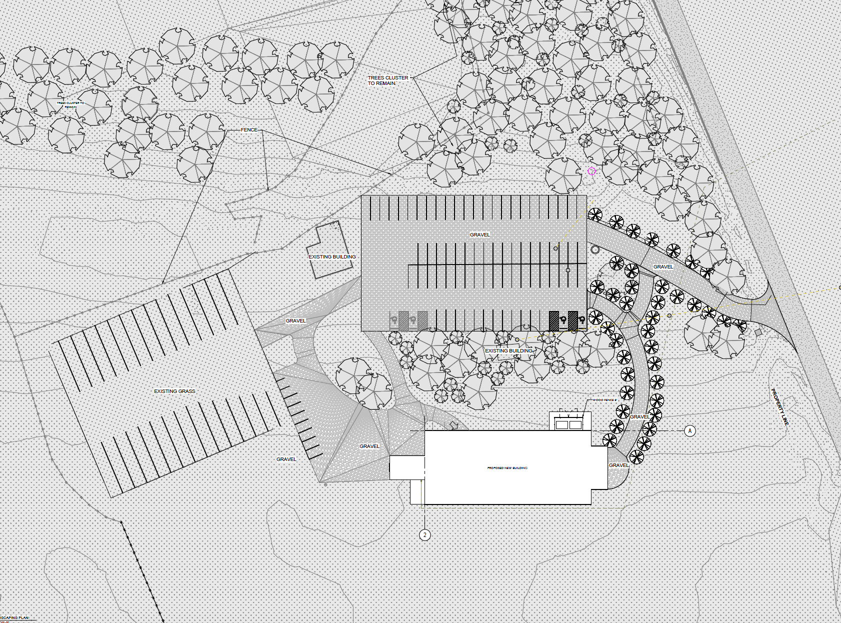 Architectural site plan showing existing and proposed buildings, parking areas, gravel pathways, trees, and landscaping elements with labeled details.