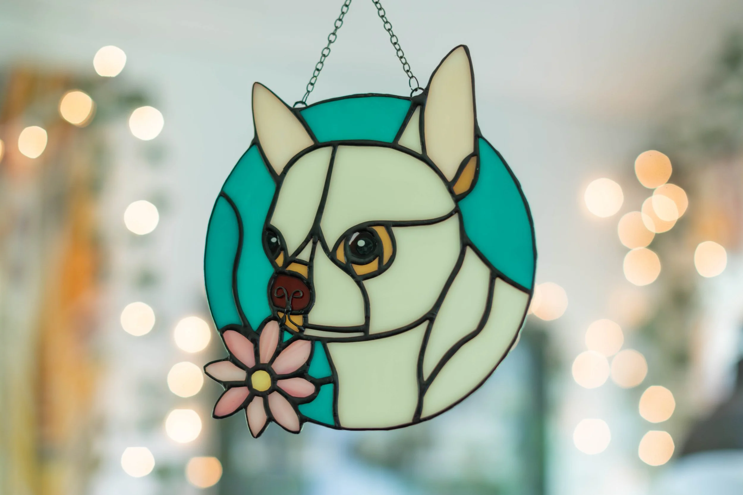 Stained glass ornament of a dog with a flower, hanging against a blurred background with string lights.