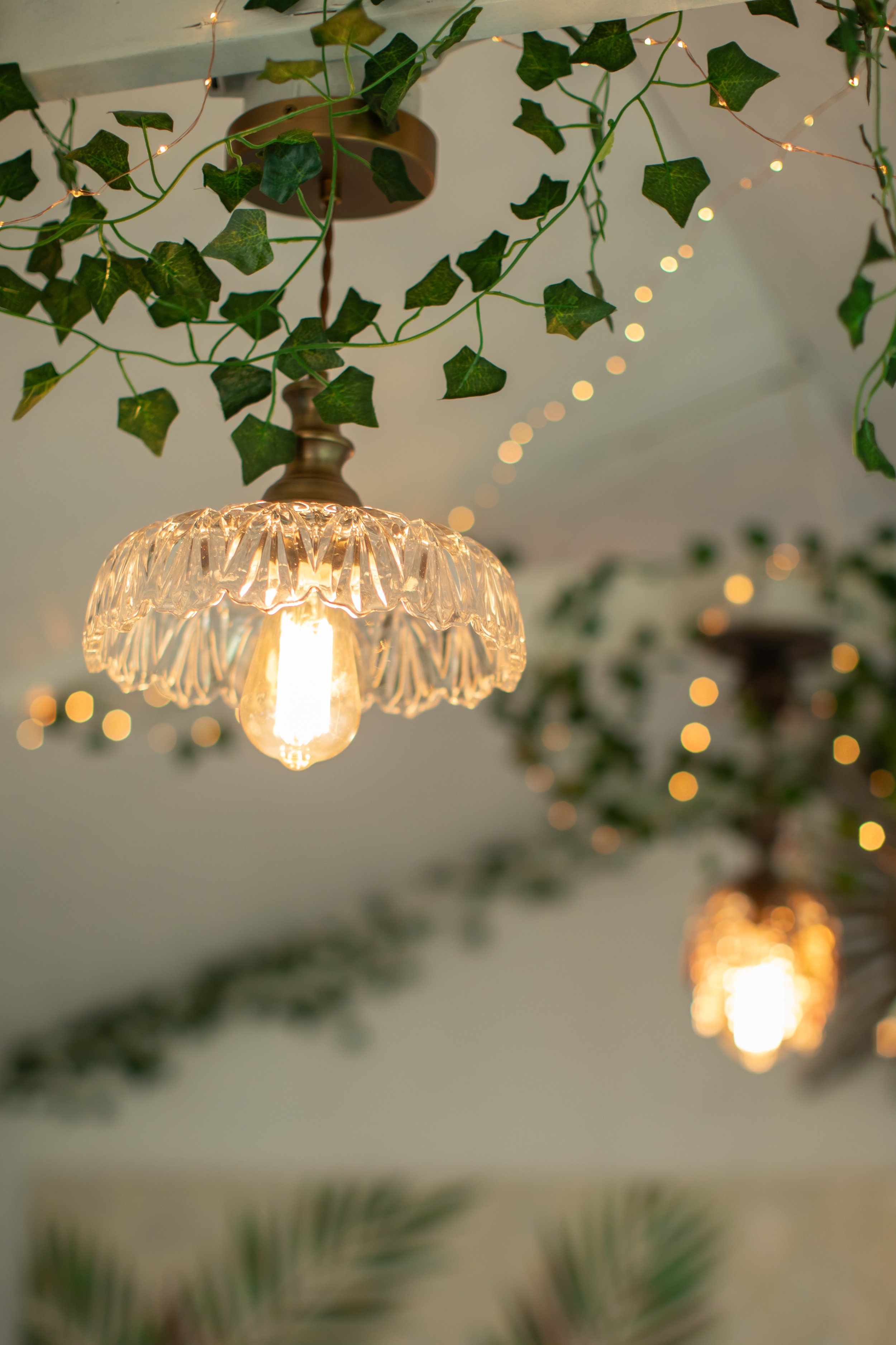 Close-up of decorative ceiling lights surrounded by green ivy and string lights, creating a cozy ambiance.