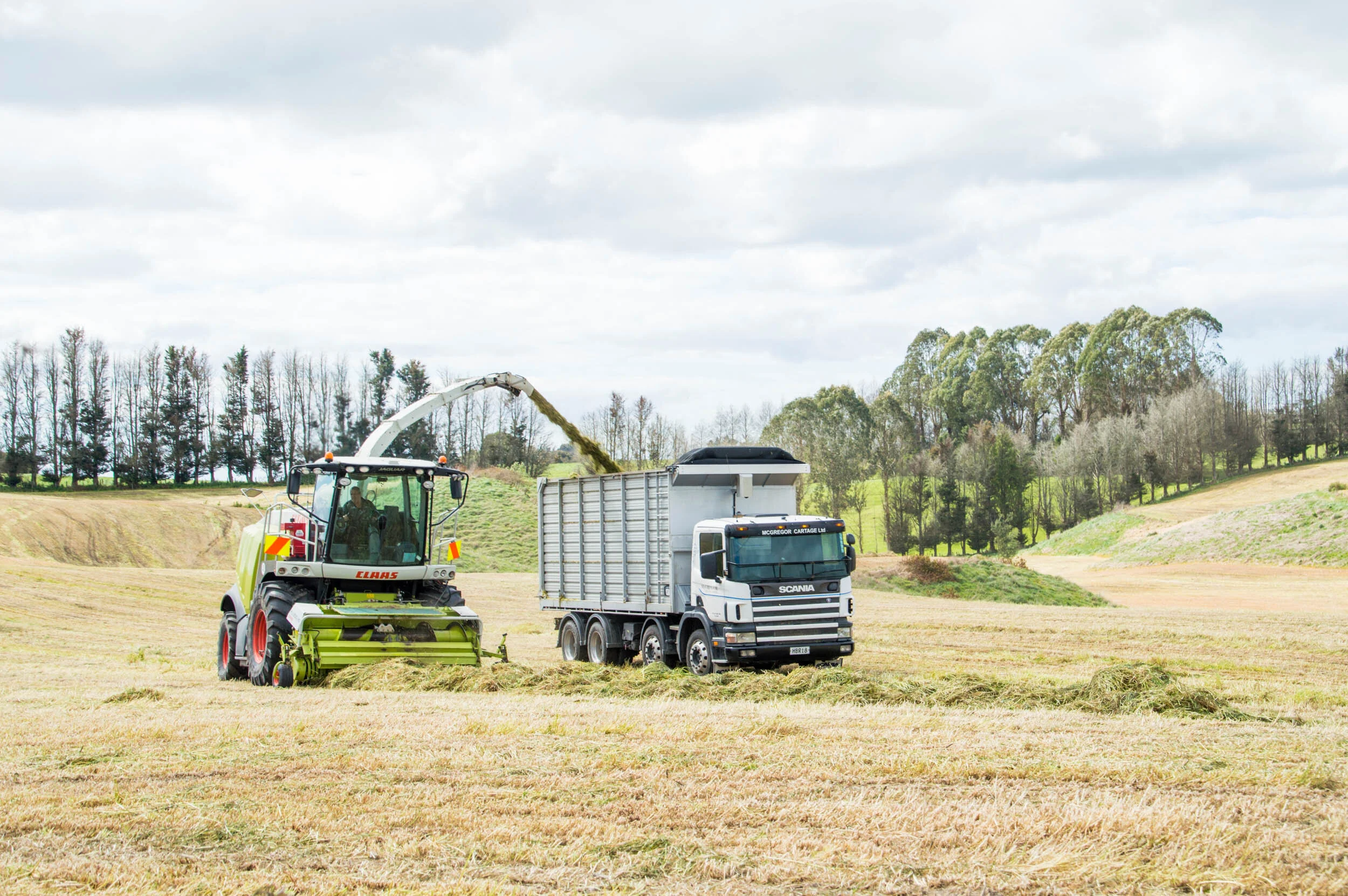 A large tractor and a truck in a field harvesting grass or crops on a cloudy day.