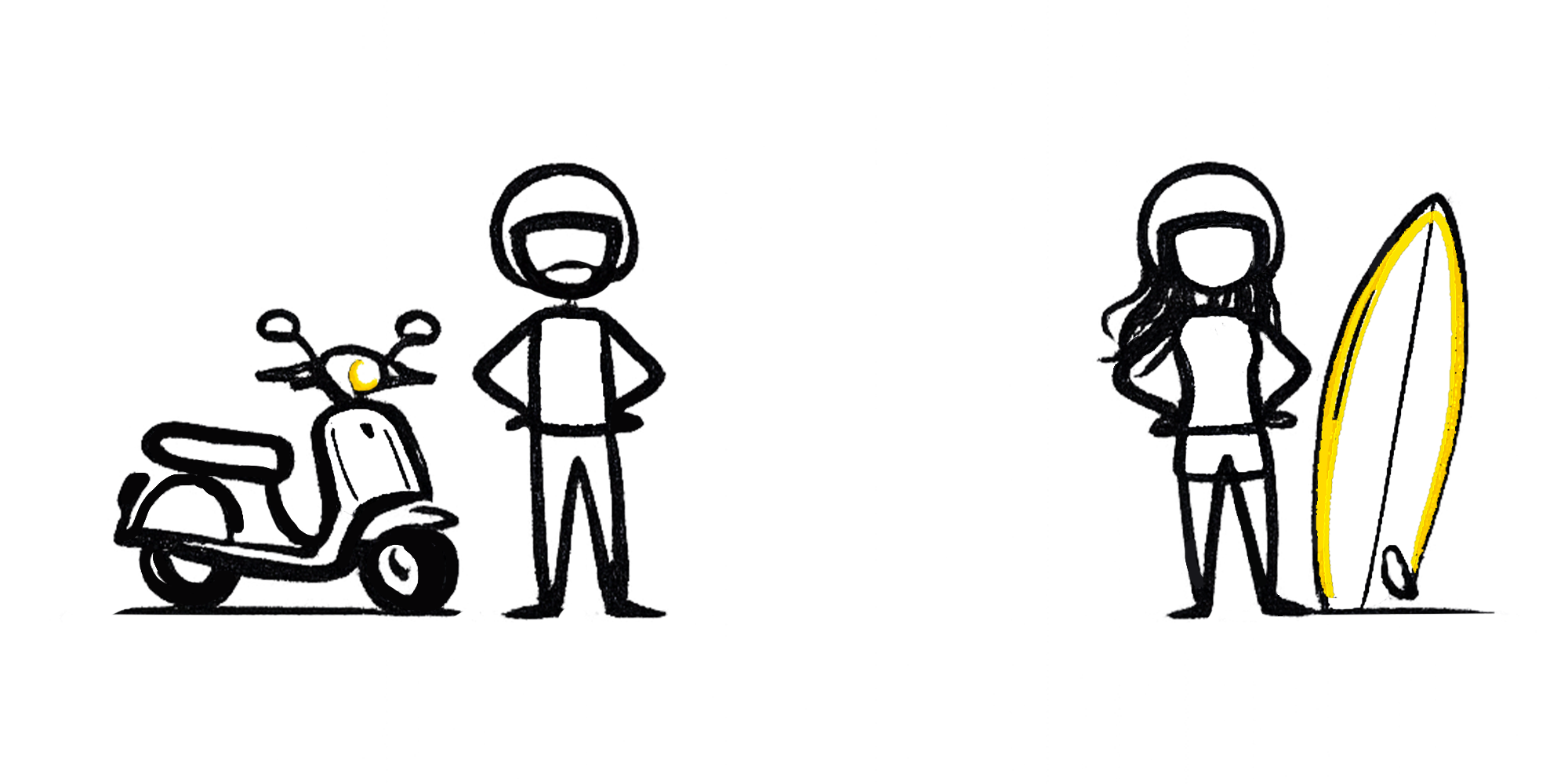 A stick-figure person standing next to a scooter with a helmet on it on the left, and another stick-figure person with a surfboard on the right.