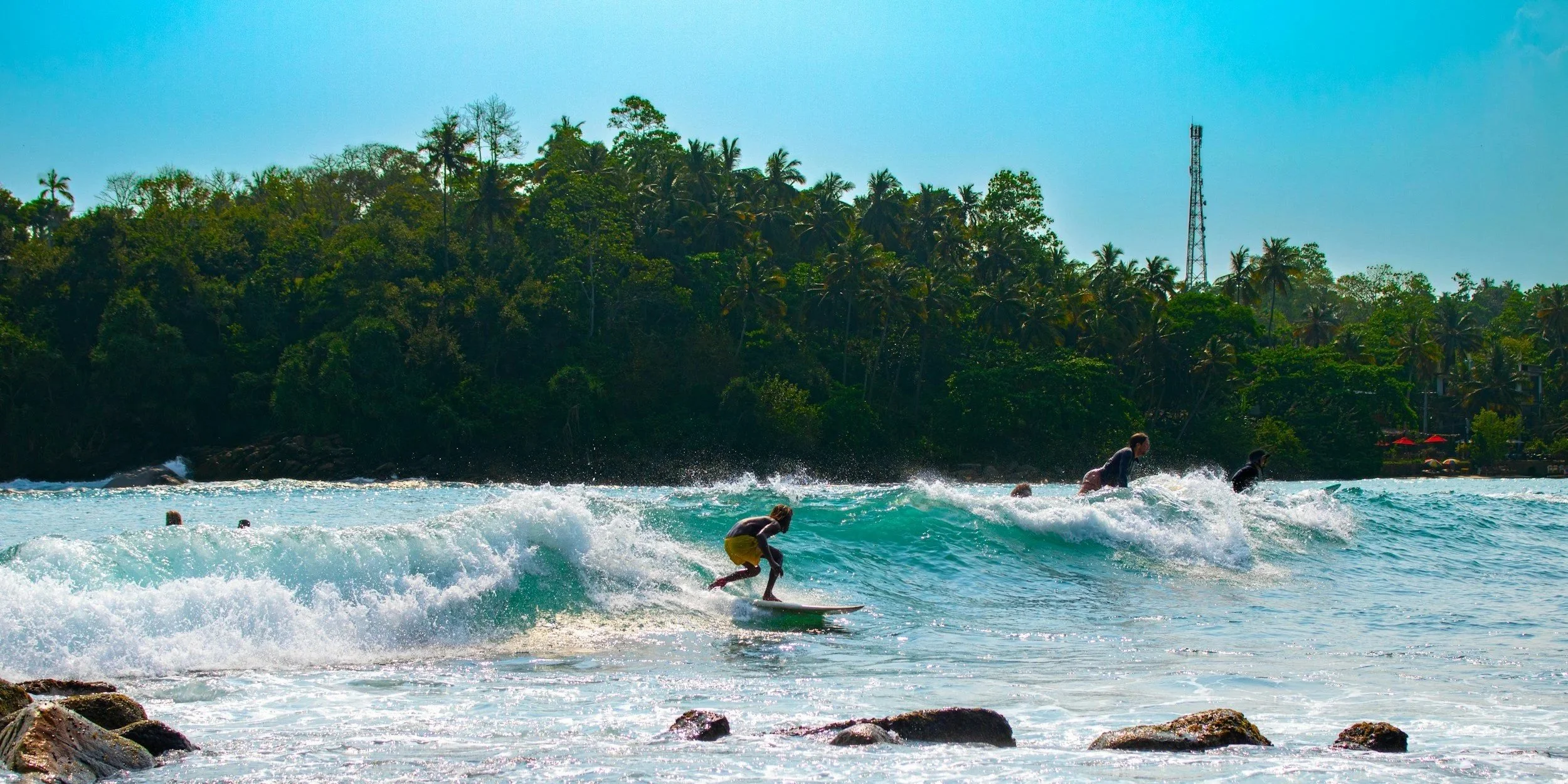 People surfing in the ocean near a lush, green tropical shoreline with trees and a tall communication tower under a clear blue sky.