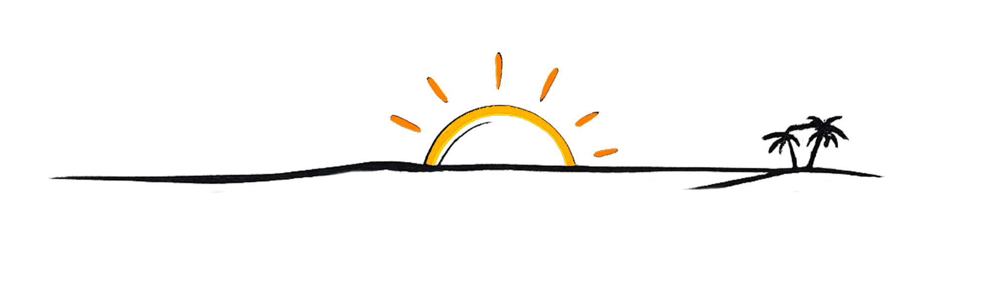 A simple line drawing of a sunset with a large semi-circle representing the sun, positioned above the horizon with an arc of yellow and orange colors, and small orange rays extending outward. There are two palm trees on the right side of the horizon, and a flat horizontal line representing the ground or water.