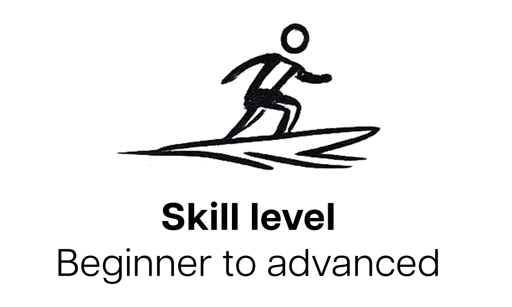 A stylized graphic of a person skiing, with a logo that includes a skier silhouette and text.