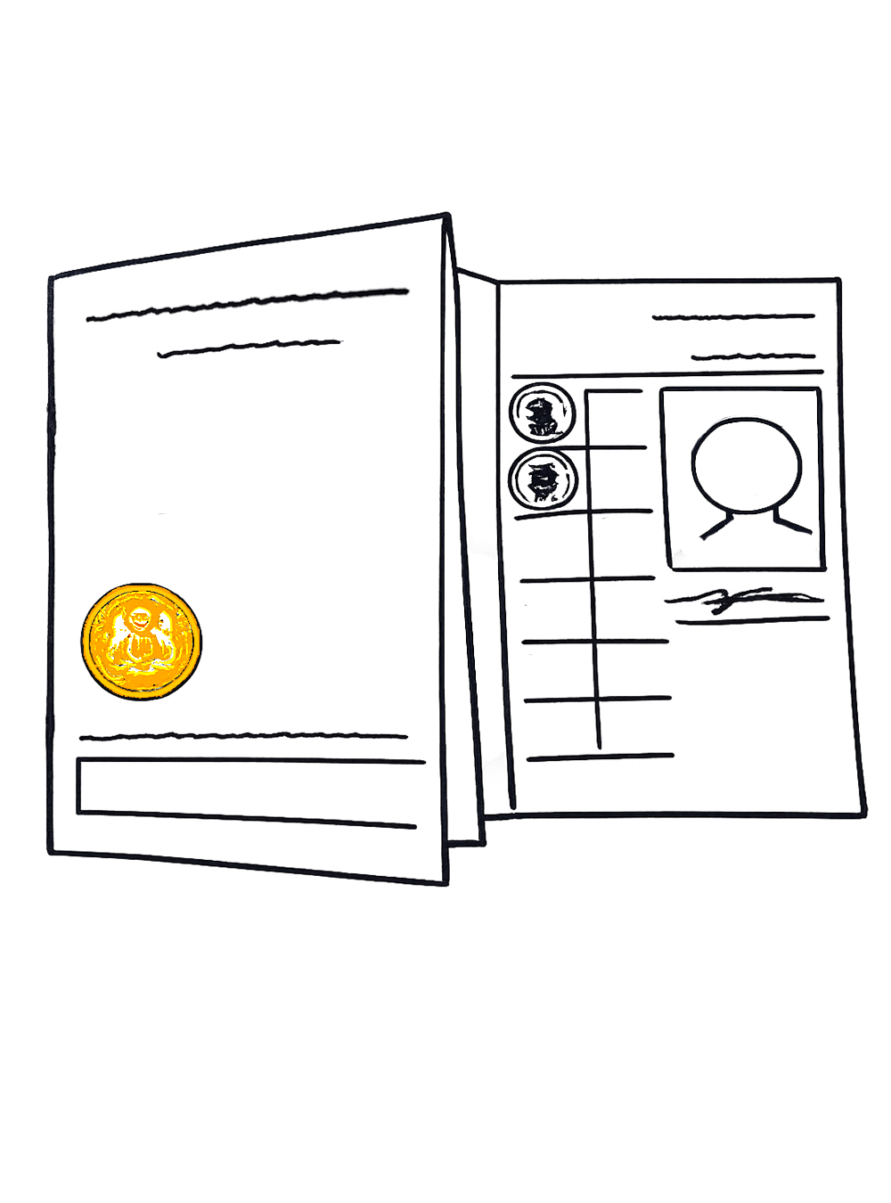 Drawing of a passport or identification document with a gold emblem seal, sections for personal details, and circular icons representing profiles or security features.