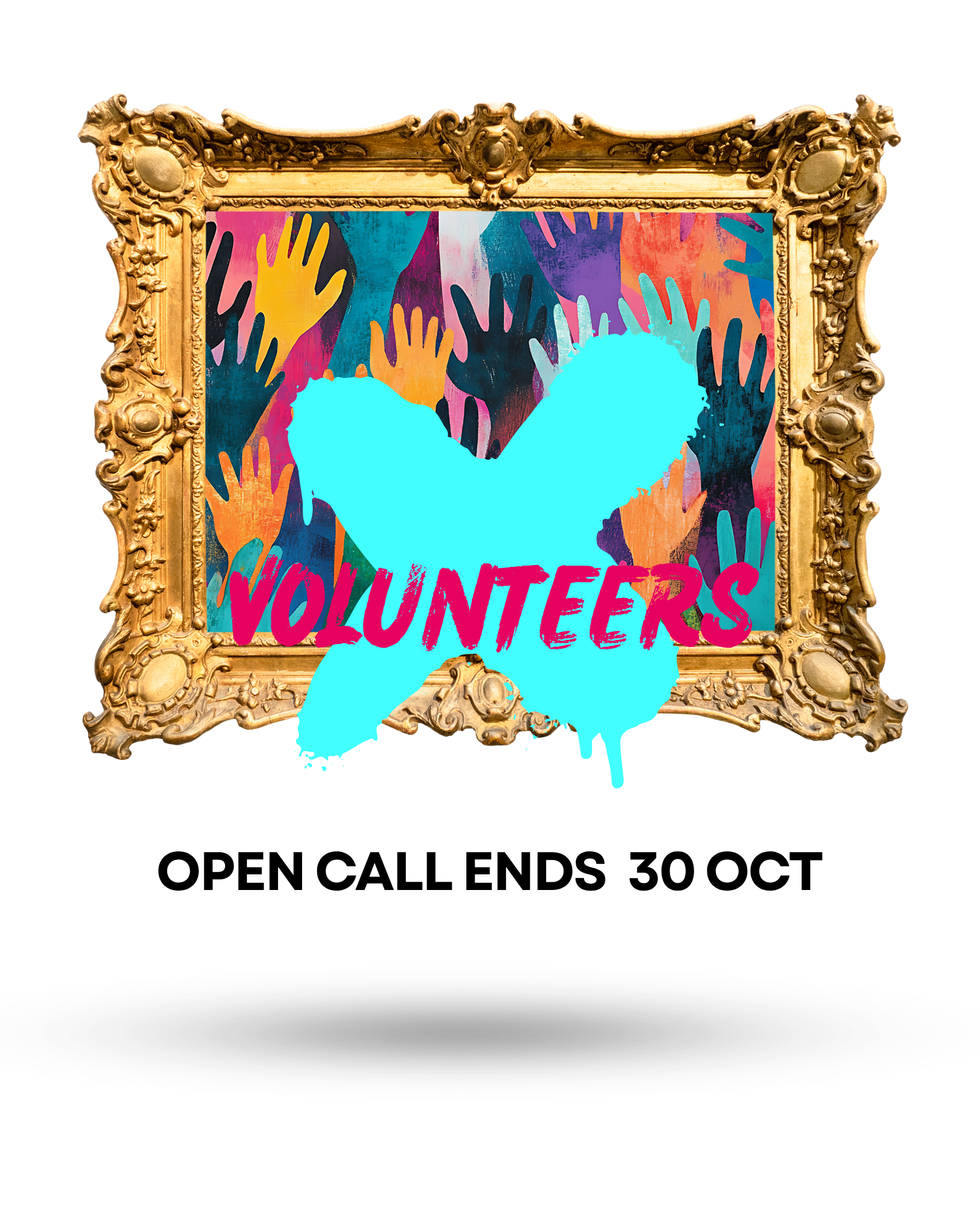 An ornate gold frame with the words "Volunteers" in magenta, open call for INSPIRY X Volunteers ending on 30 October 2026.
