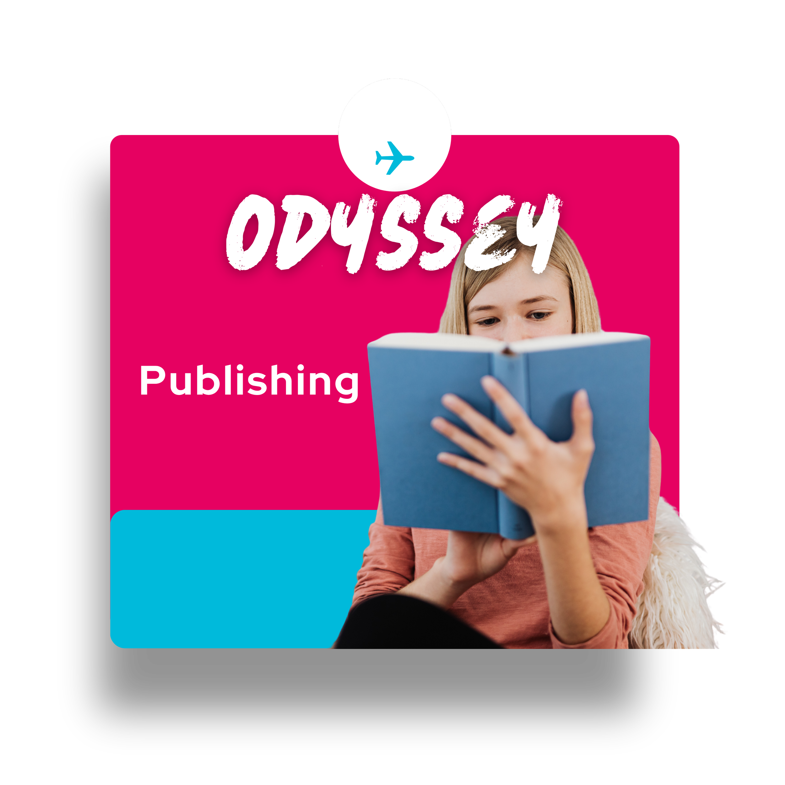 A female child reads a blue book against a magenta and cyan background with the words odyssey and publishing.