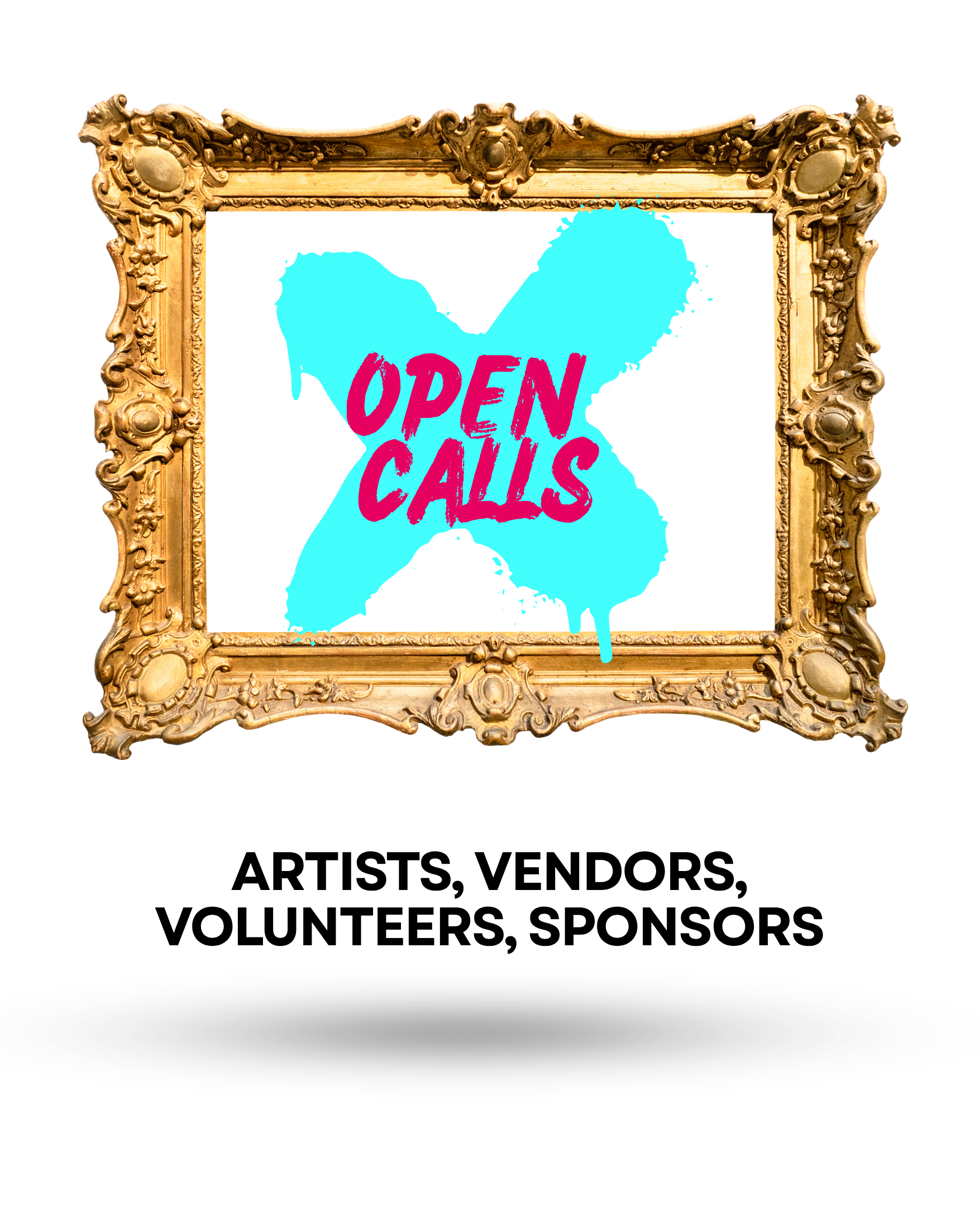 An ornate gold frame with cyan X shape and the words "Open Calls" in the center.