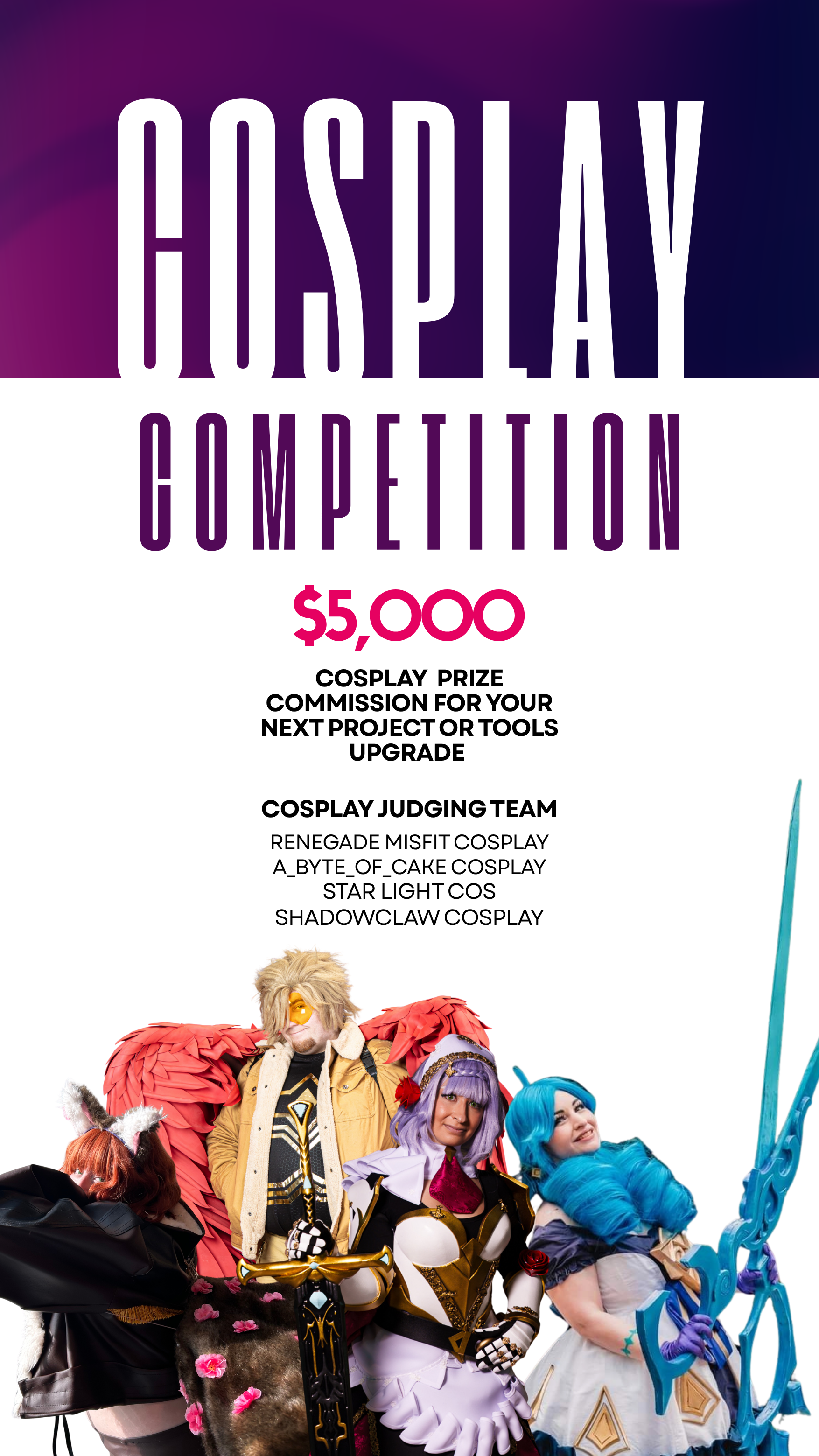The official INSPIRY X Cosplay Competition Judging Panel and description of the $5,000 cosplay commission prize.