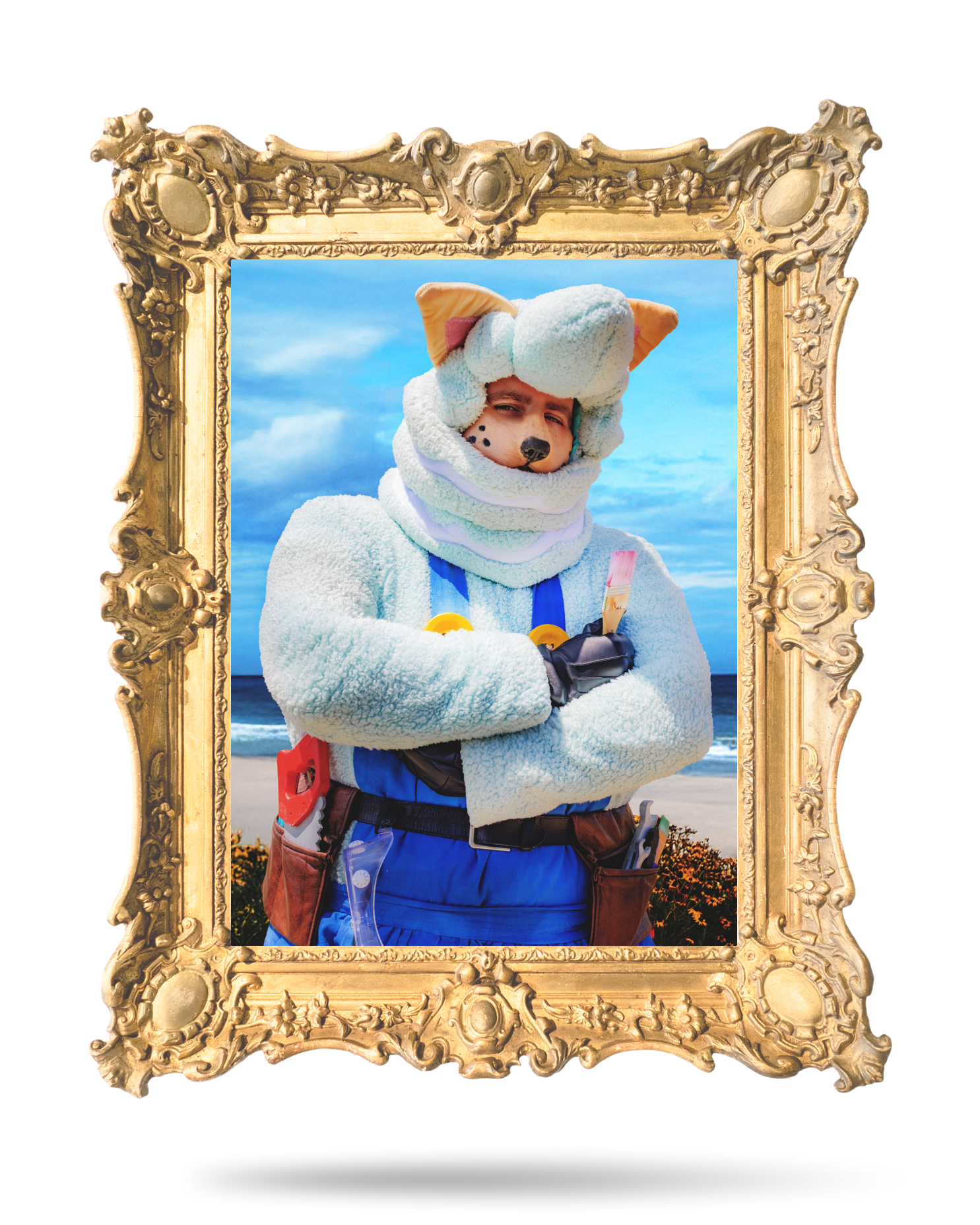 A cosplayer known as Shadowclaw cosplay, poses for a photo within an ornate floating golden frame.