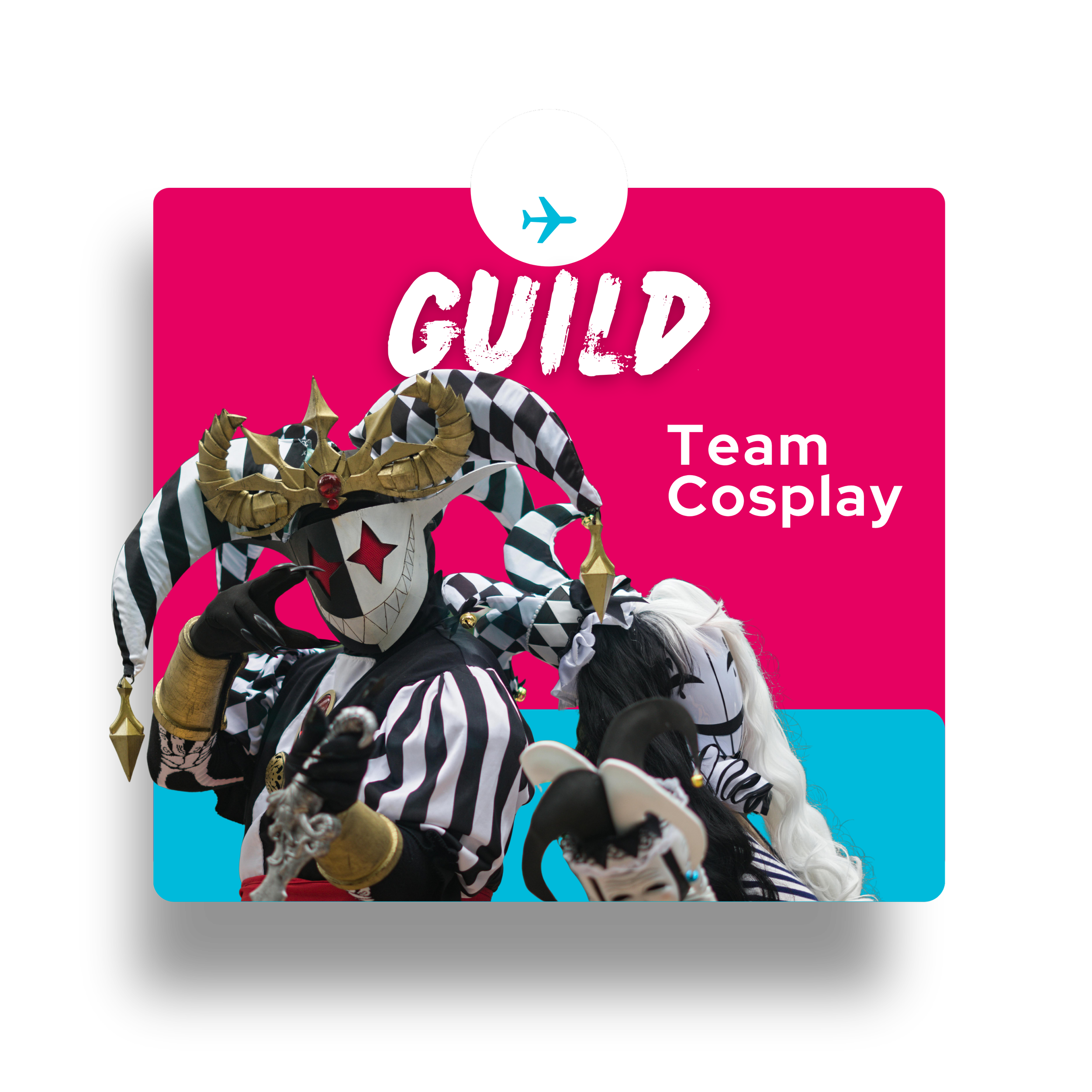 Two jester themed cosplayers stand against a magenta and cyan colored background with the words guild and team cosplay.