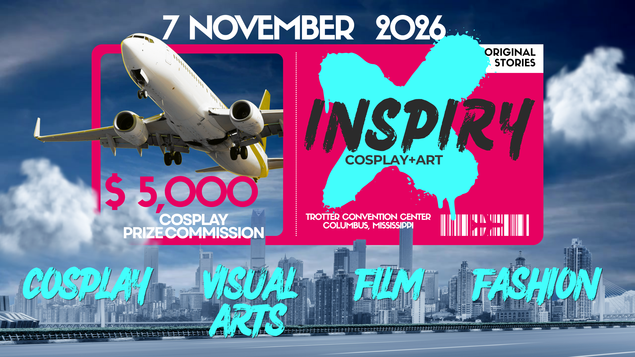 INSPIRY X Website banner highlighting the event date of 7 November 2026 with a five thousand dollar cosplay prize commission competition at the Trotter Convention Center in Columbus Mississippi.