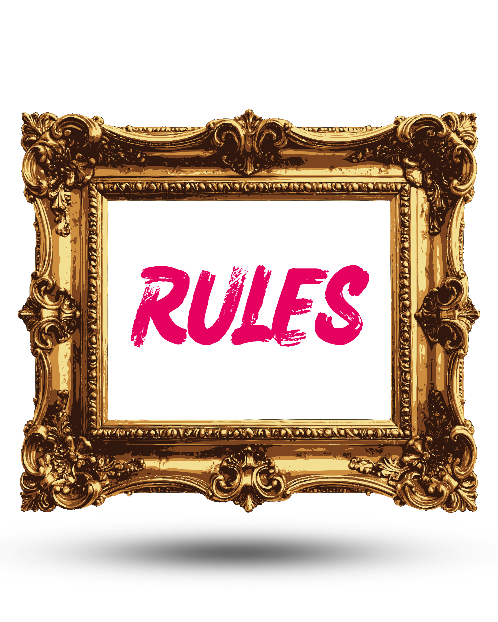 An ornate golden frame with the word "Rules" in the center on a white background.