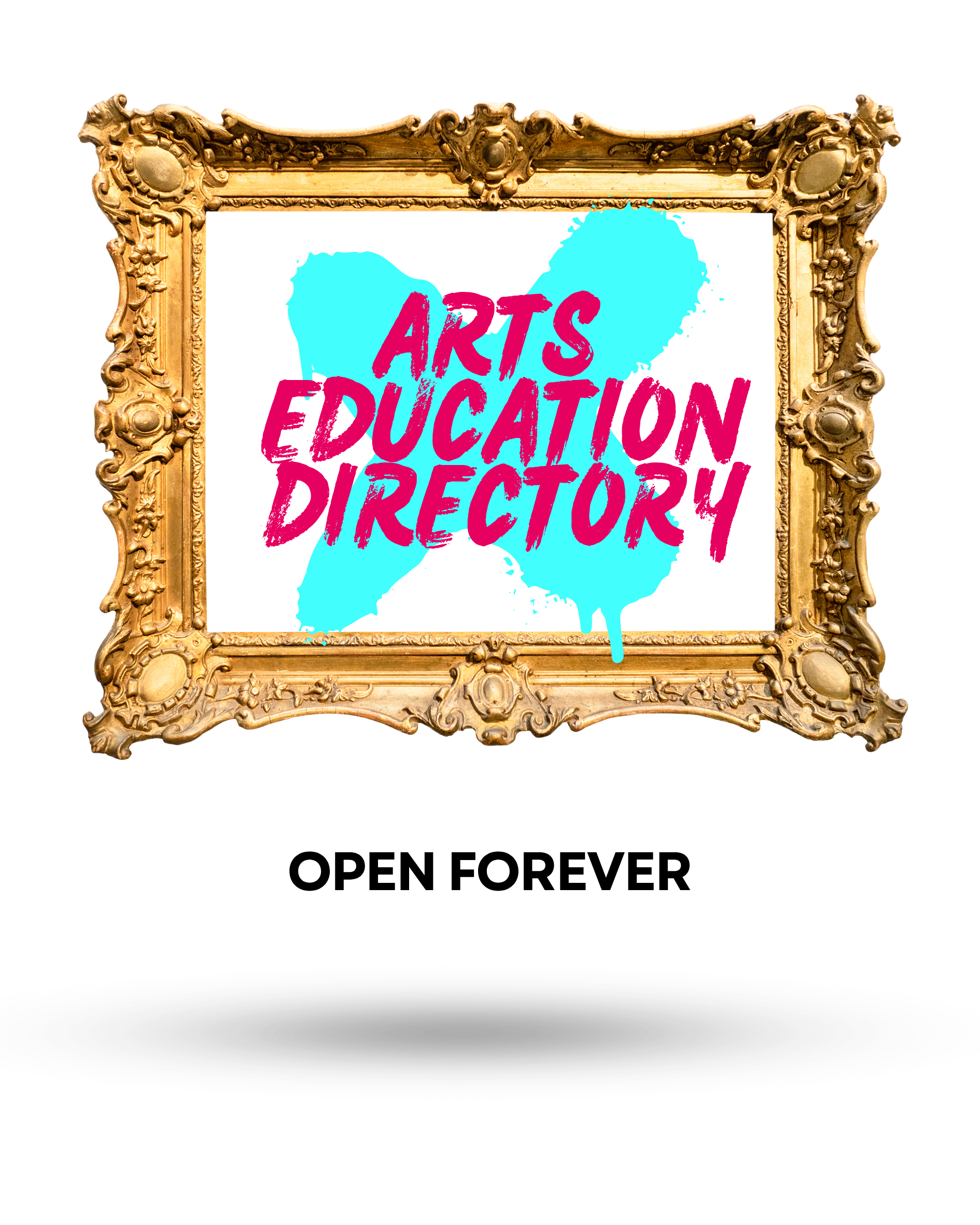 An ornate golden frame with a cyan X shape and the words "Arts Education Directory".