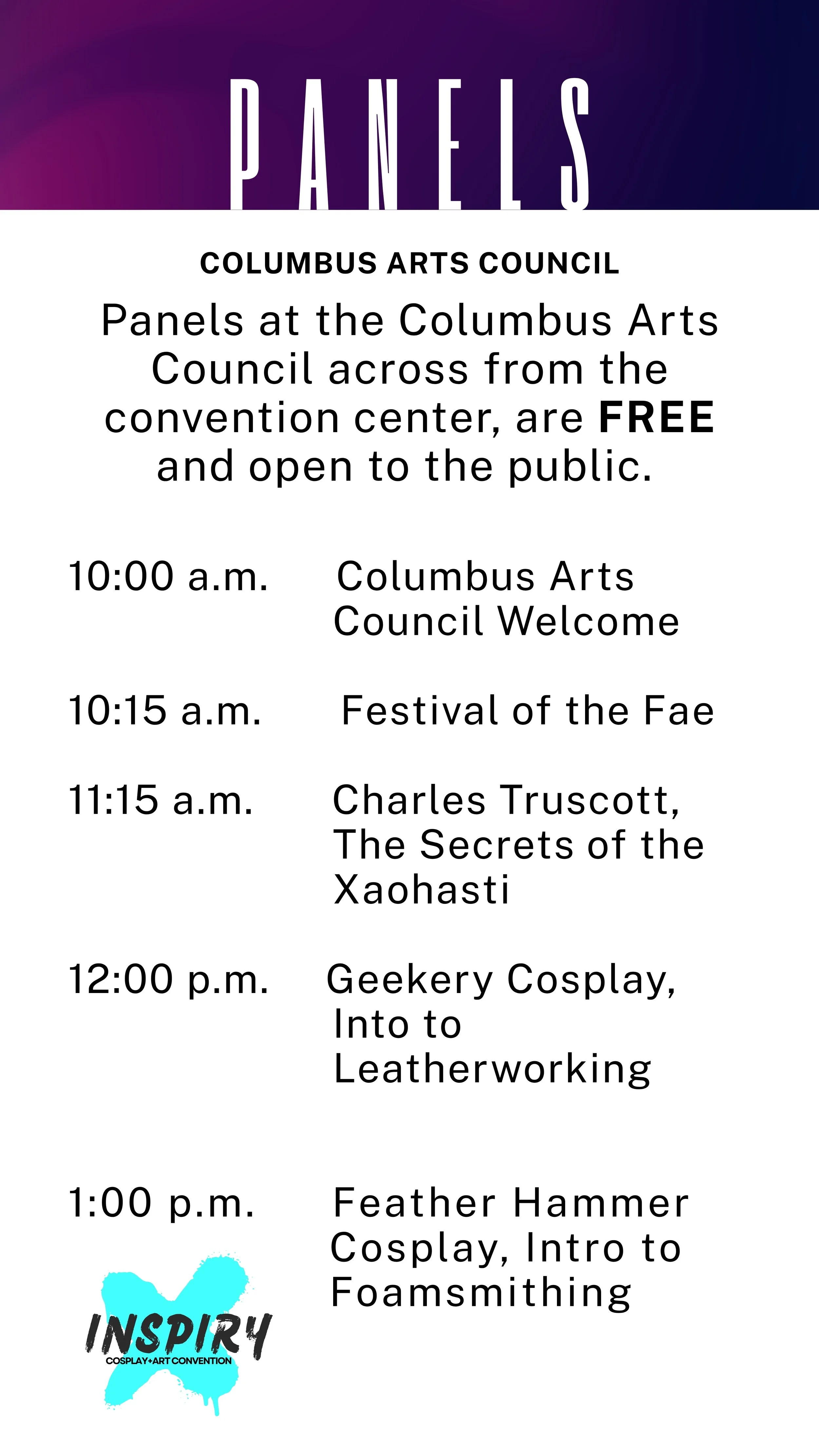 The official schedule and description of the INSPIRY X Panels at the Rosenzweig Arts Center, Columbus Arts Council.