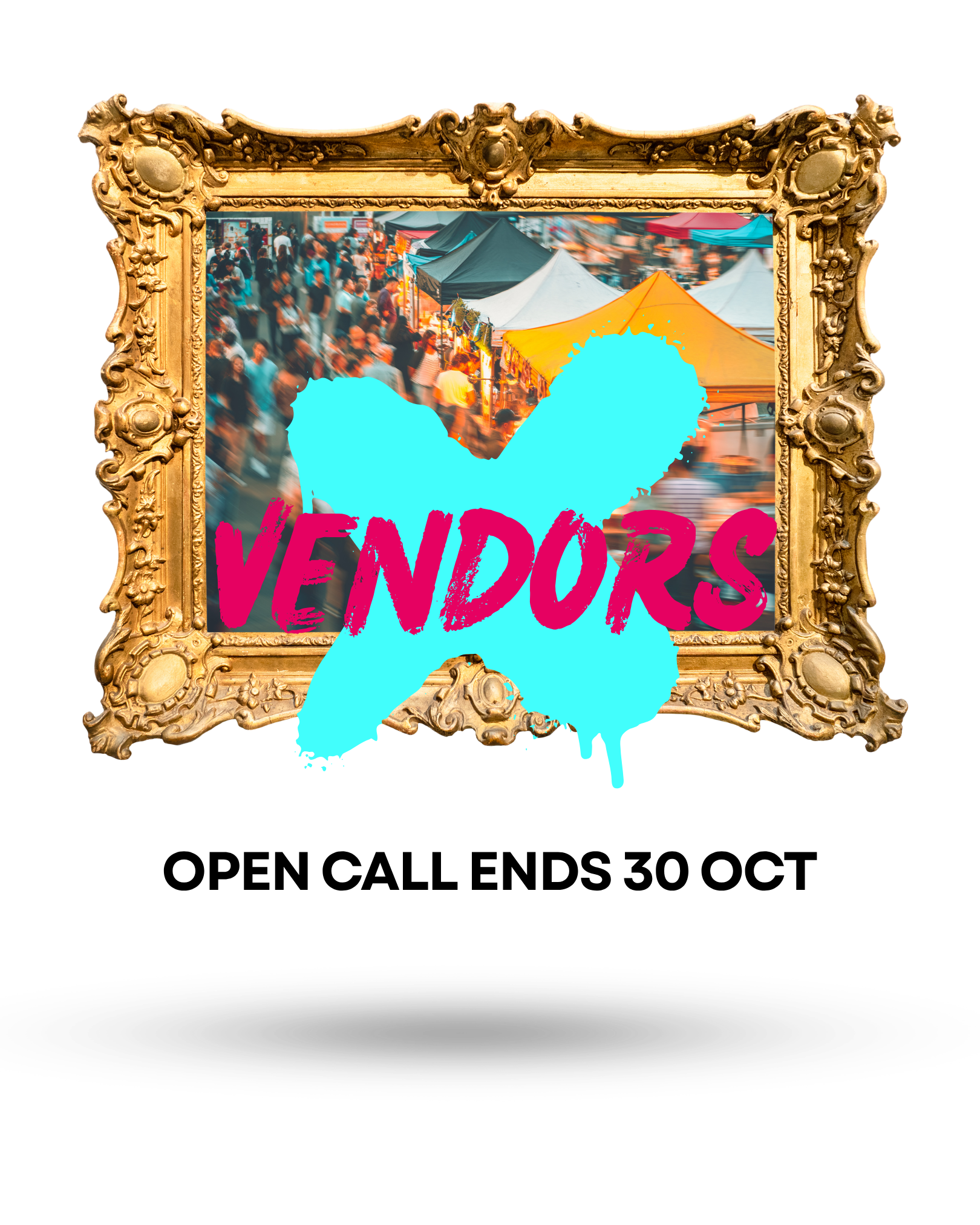 An ornate gold frame with the word "Vendors" in magenta, open call for INSPIRY X Vendors ending on 30 October 2026.