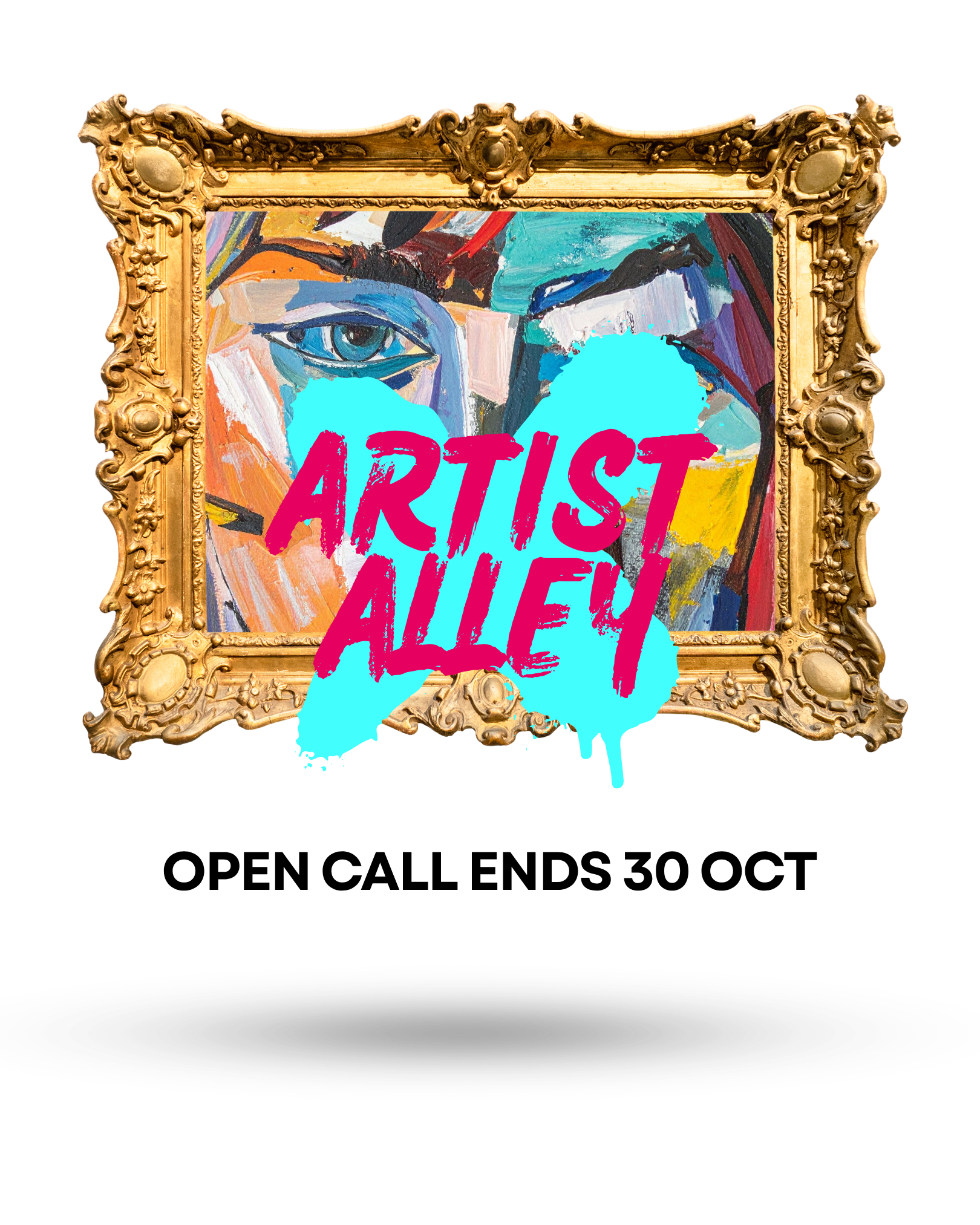 An ornate gold frame with the words "Artist Alley" in magenta, open call for INSPIRY X Artist Alley ending on 30 October 2026.