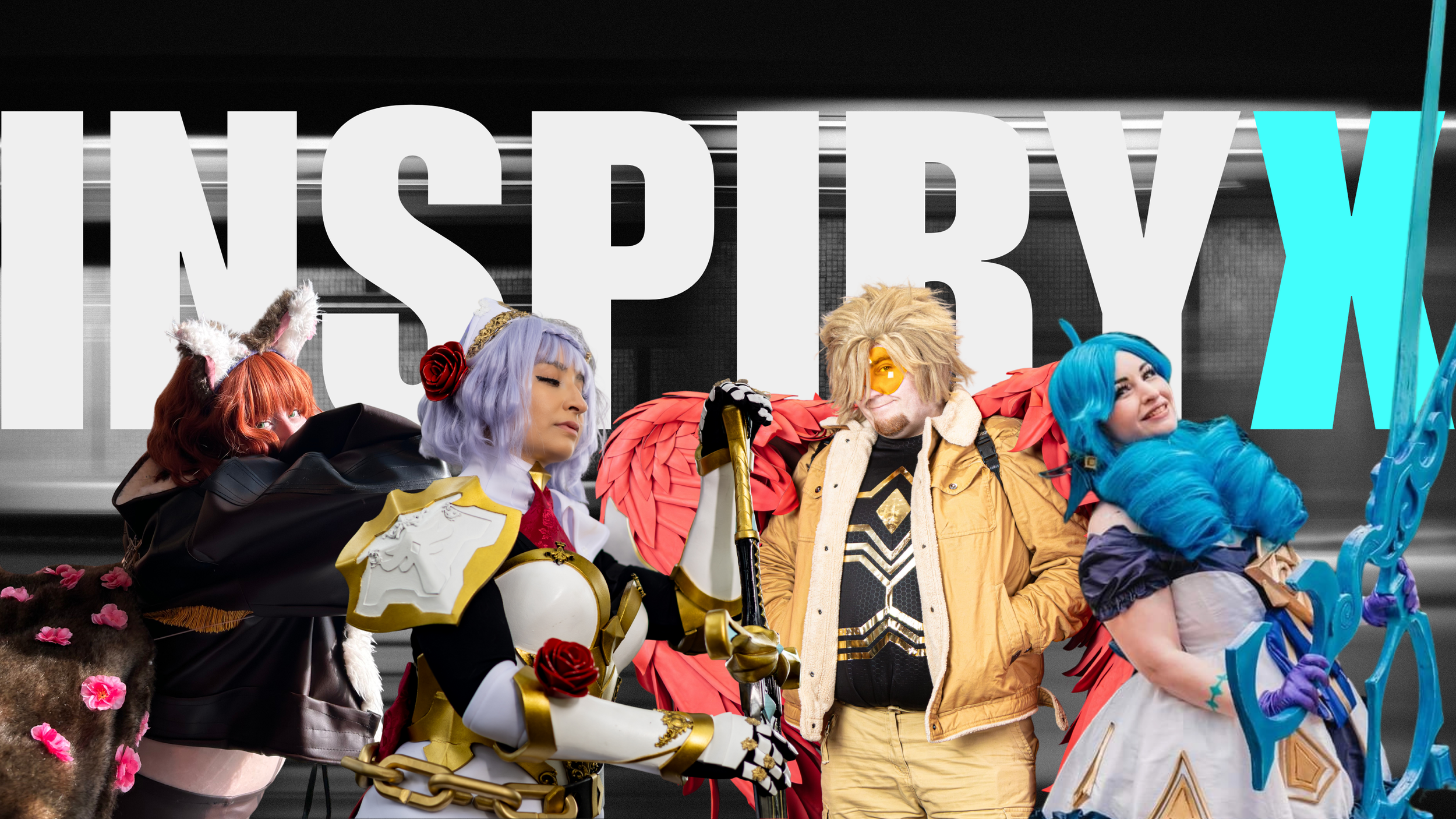 Cosplayers from left to right, Star Light Cos, Renegade Misfit Cosplay, Shadowclaw Cosplay and A BYTE OF CAKE cosplay, are arranged in a composition with bold text in the background that reads "INSPIRY X"