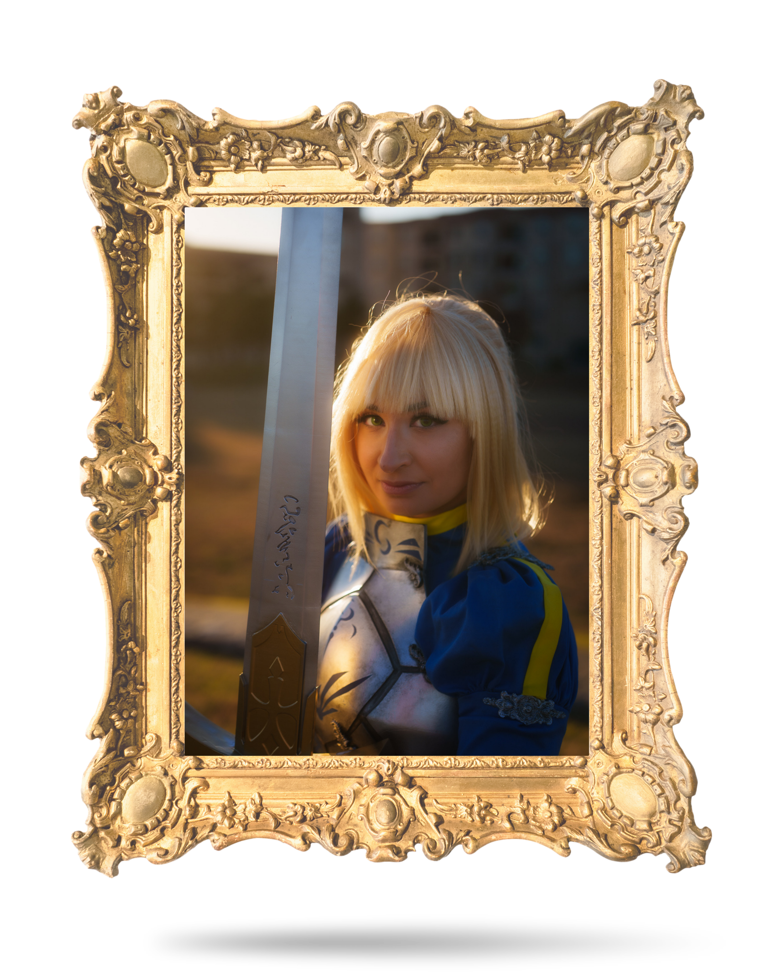 A photo of Renegade Misfit Cosplay floats inside an ornate golden frame.