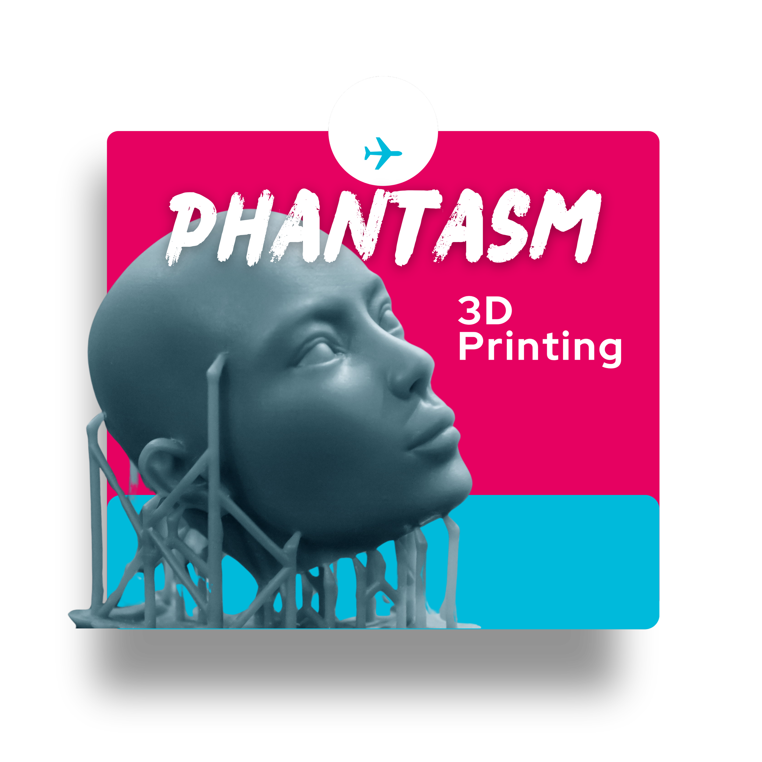 A 3D printed human face is supported by 3d resin pillars against a magenta and cyan background with the words phantasm and 3d printing.