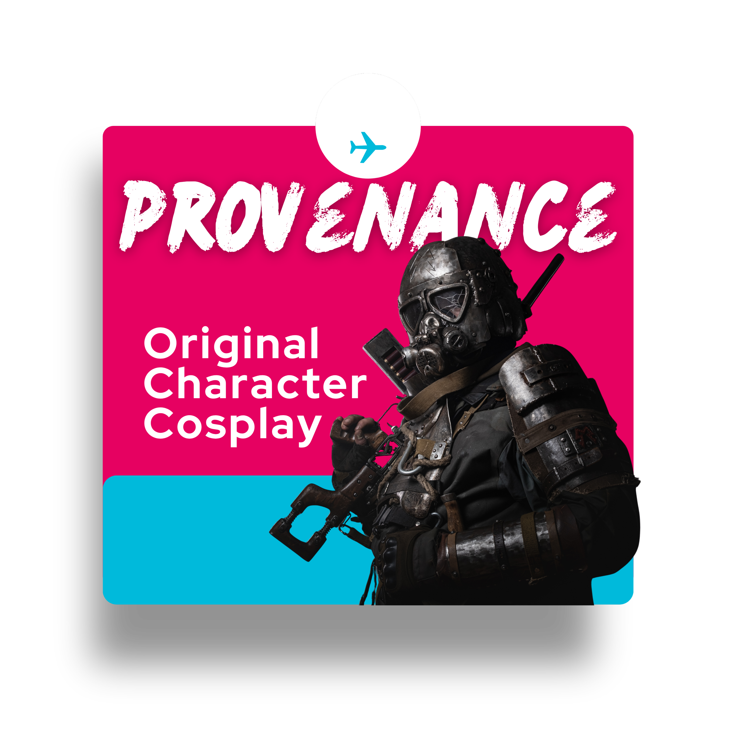 A male cosplayer is displayed in armor against a magenta and cyan background with the words provenance and original character cosplay.