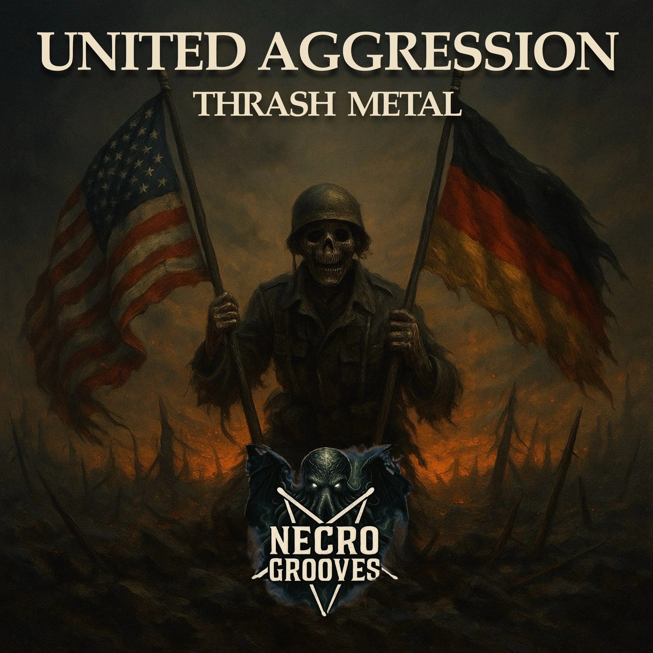 United Aggression Thrash Metal MIDI Drum Pack square artwork with skeleton soldier and American and German flags.