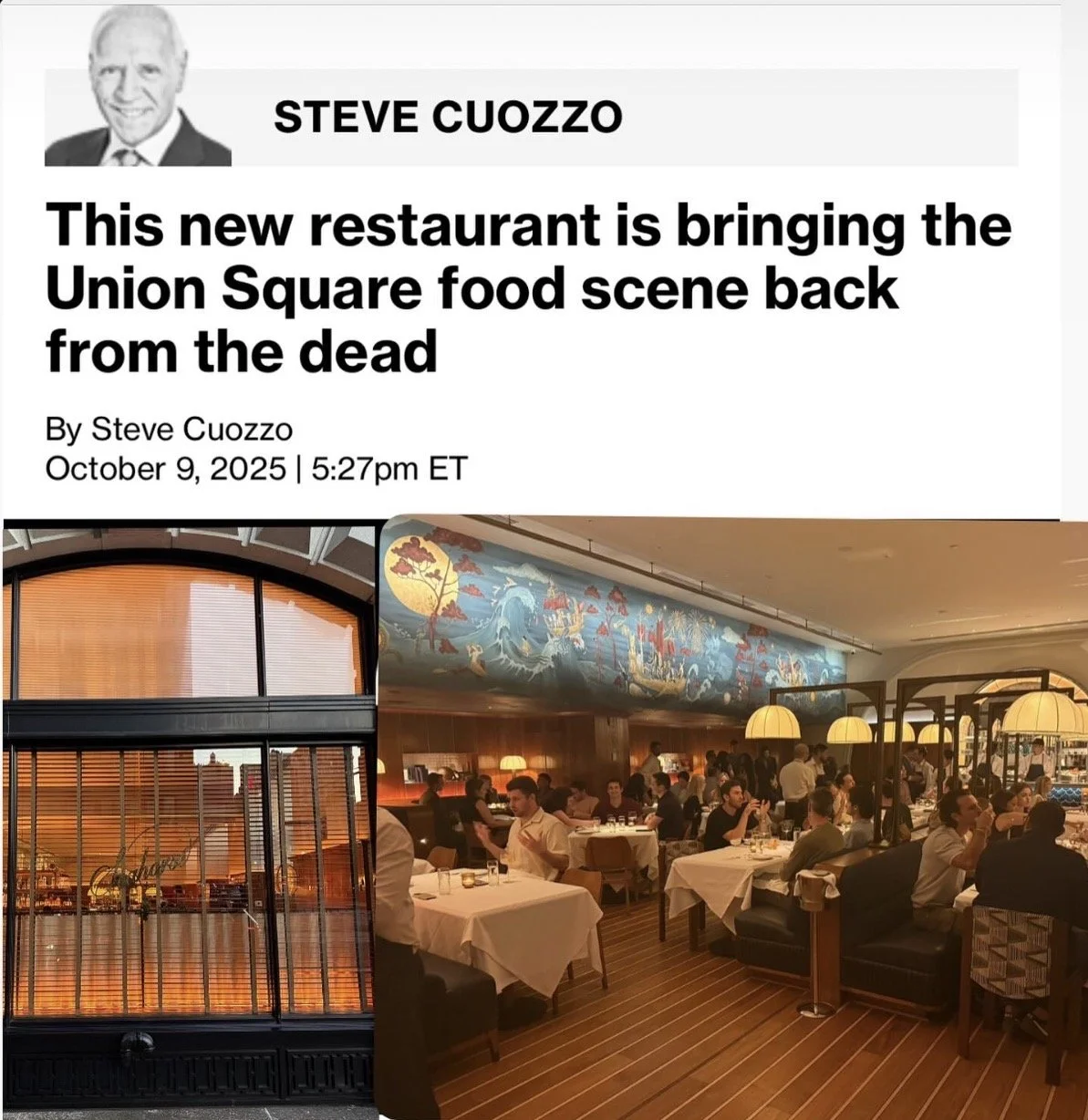 A newspaper article titled 'This new restaurant is bringing the Union Square food scene back from the dead' by Steve Cuozzo, dated October 9, 2025, at 5:27 pm ET. The article features an image of the restaurant's interior with diners seated at tables, warm lighting, and artistic murals on the wall, as well as an exterior view of the restaurant's entrance with large windows and decorative lighting.