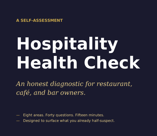 A poster titled 'Hospitality Health Check' promoting a self-assessment for restaurant, cafe, and bar owners, with a dark background and yellow and white text.