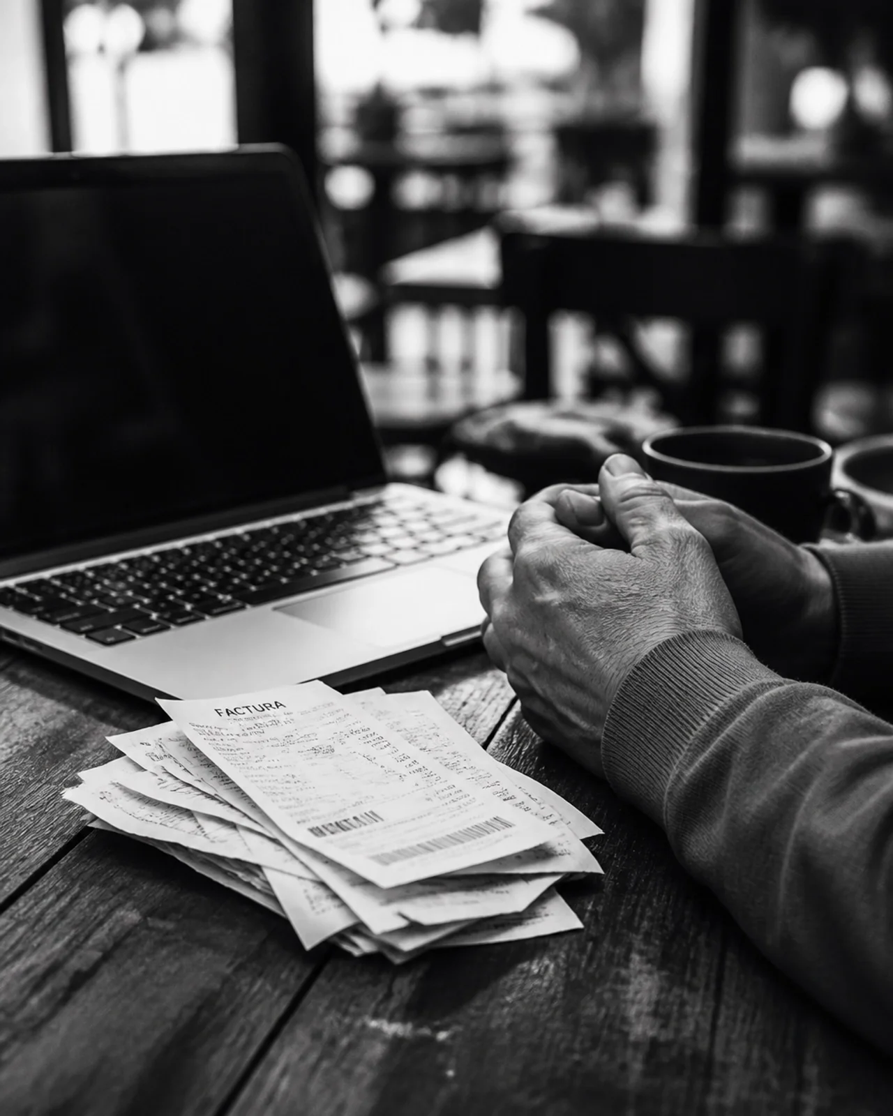 A person with clasped hands sitting at a wooden table with a laptop, receipts, and coffee mugs in a coffee shop.