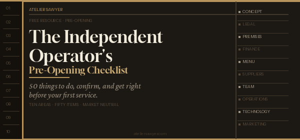 Cover page of 'The Independent Operator's Pre-Opening Checklist' guide with sections like concept, legal, premises, finance, menu, suppliers, team, operations, technology, and marketing listed on the right.