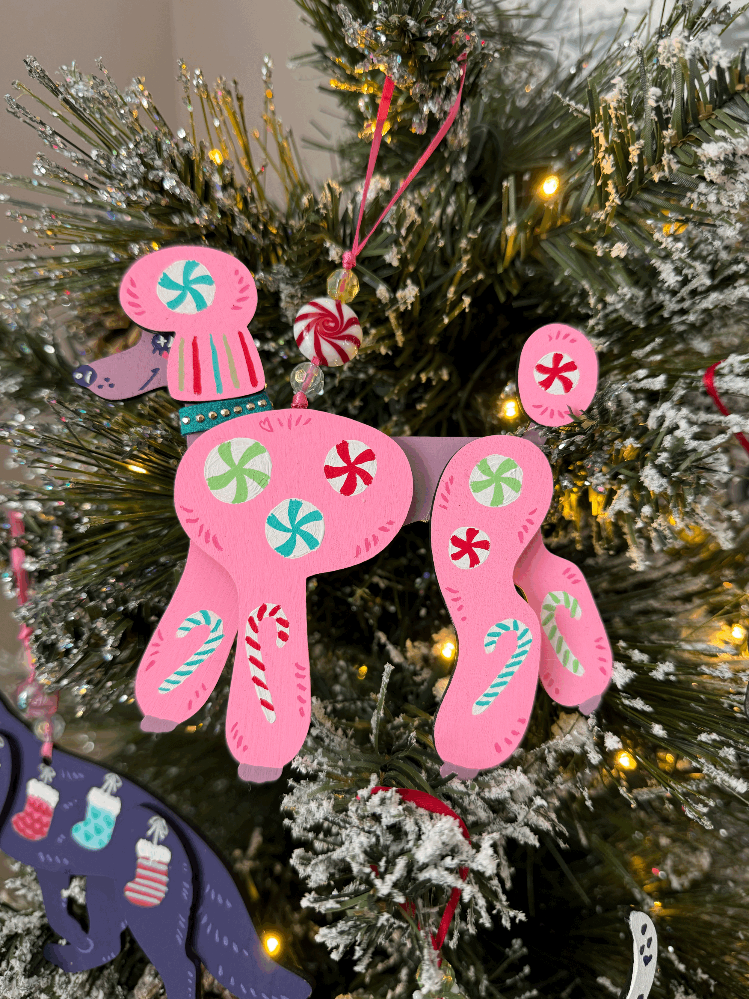 Poodle - ORNAMENT - Peppermint Poodle - Hand Painted