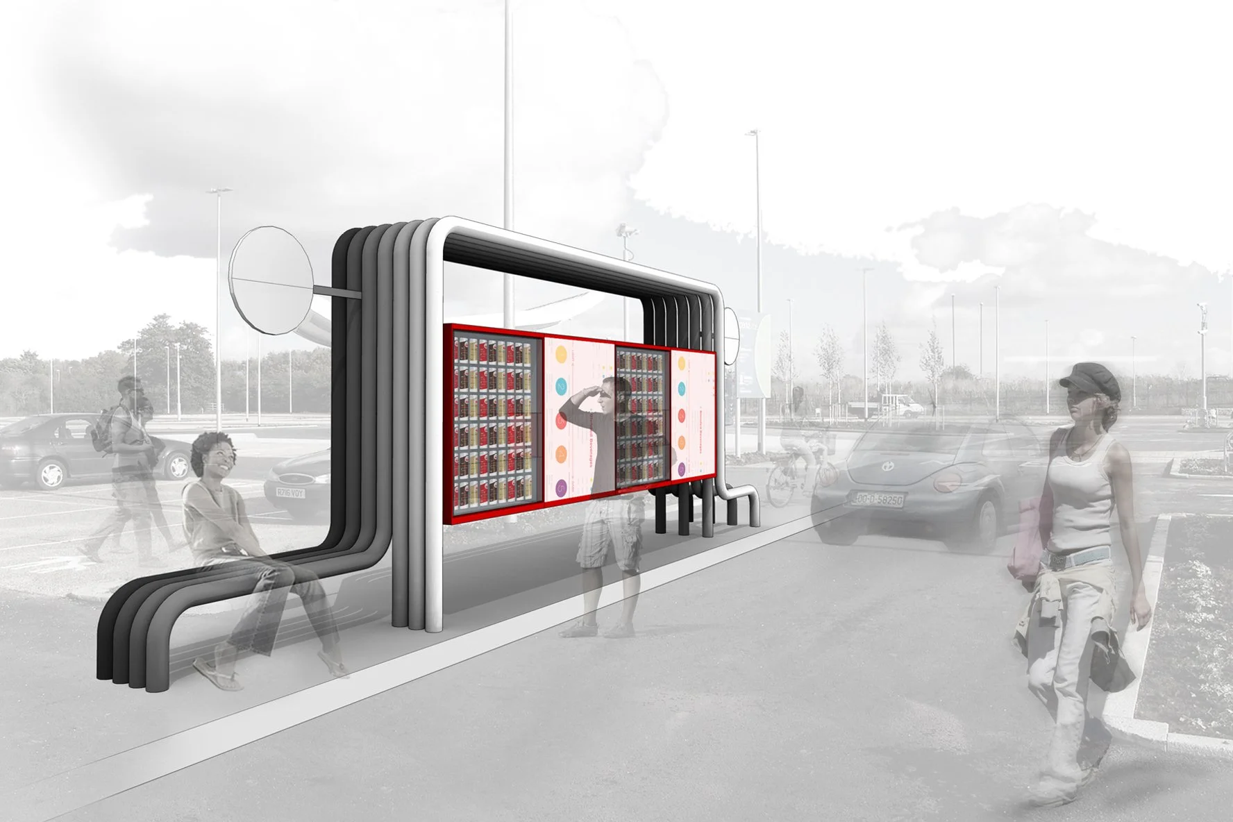 A rendering of a walk up coffee kiosk.