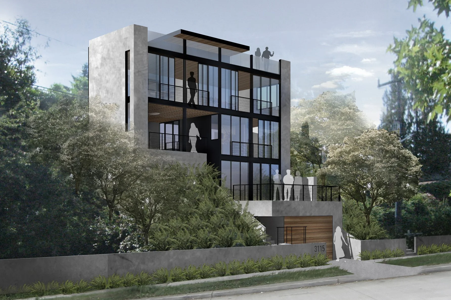 A model of a new contemporary home designed for a steep view lot.
