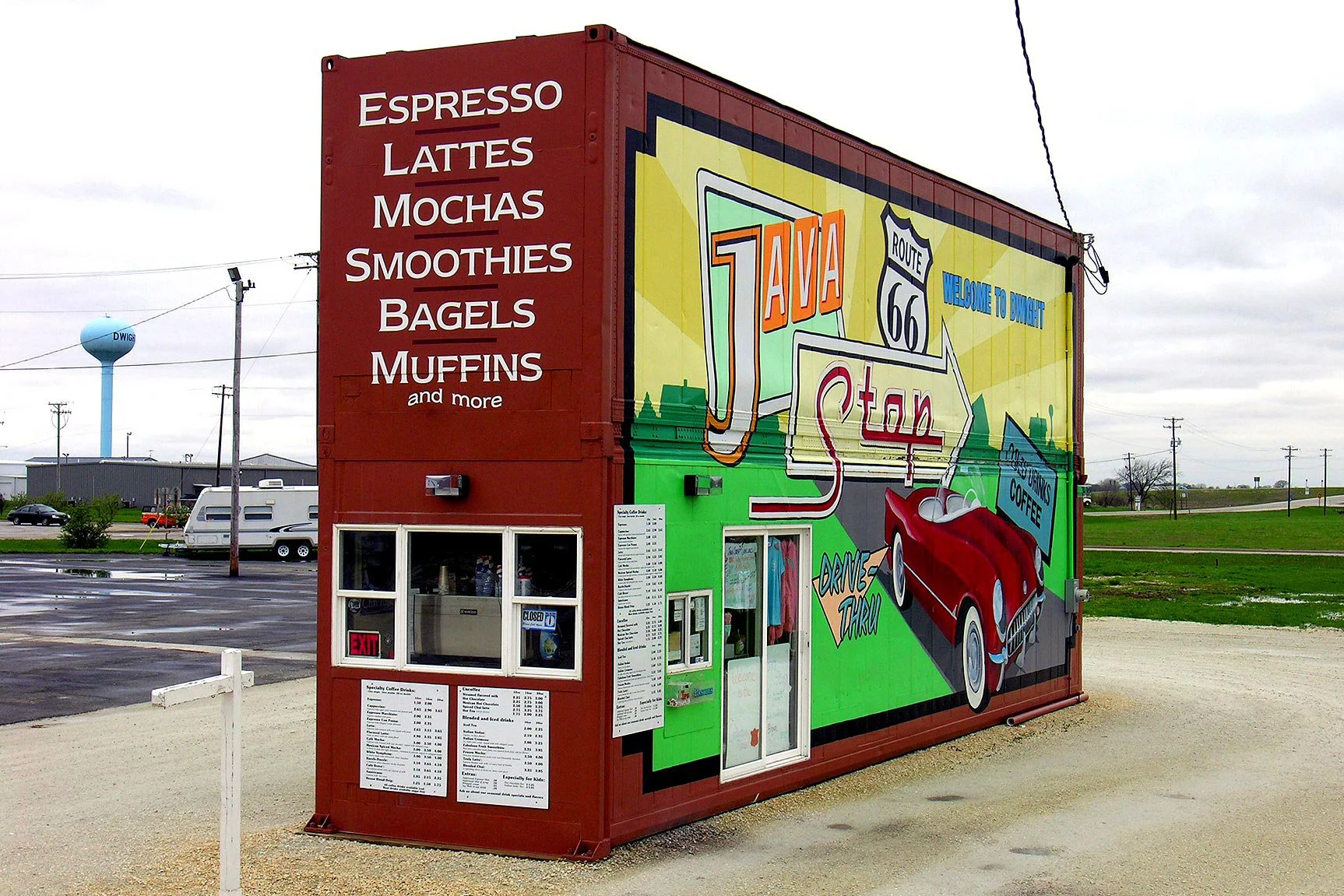 A design for a drive up coffee kiosk built from shipping containers on Route 66.