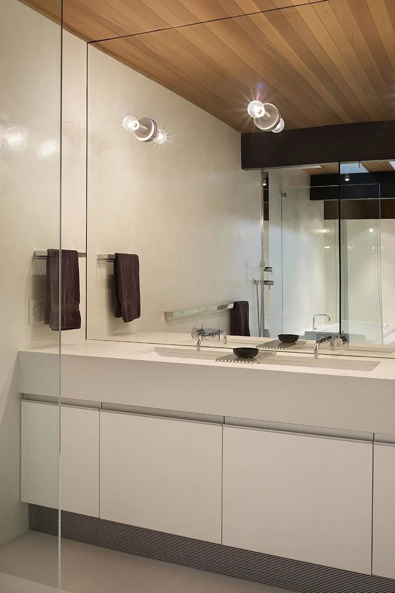 Modern vanity with full height mirror and quartz counter