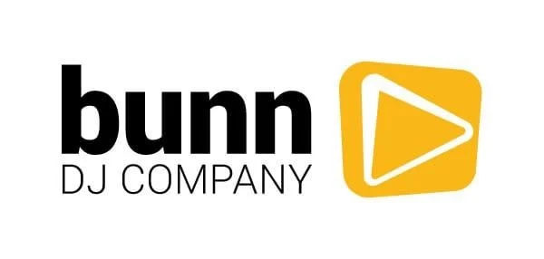 Logo of Bunn DJ Company with black text and a yellow play button icon.